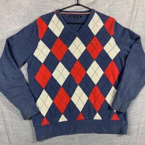 Tommy Hilfiger Mens Size M Argyle VNeck Sweater  Blue  & Red
